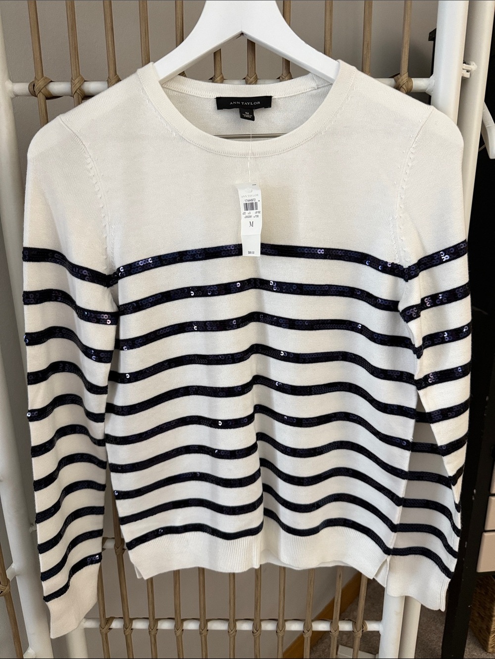 Ann Taylor  Sweater with Navy Sequin Stripes